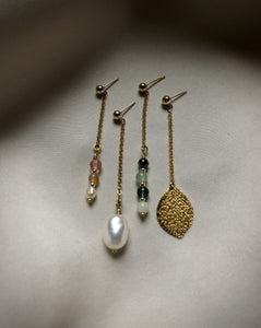 Long earring with mixed gemstones and freshwater pearls